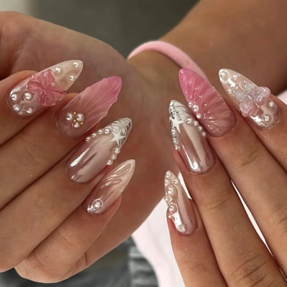 Uñas postizas de verano con degradado francés, flores, estrellas de mar y perlas, removibles y terminadas 4