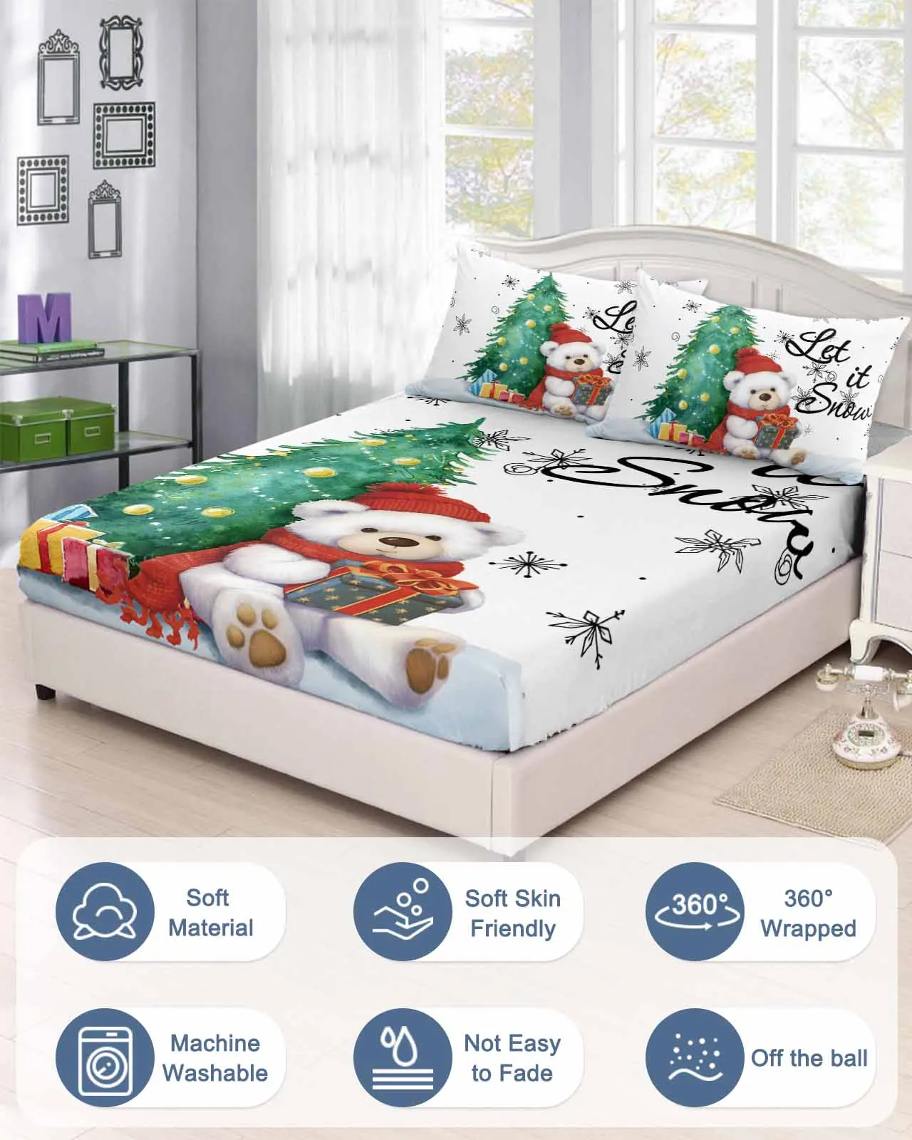 Bear Christmas Tree Snowflakes Polyester Fitted Sheet Mattress Cover Four Corners Elastic Band Bed Sheet Pilllowcase