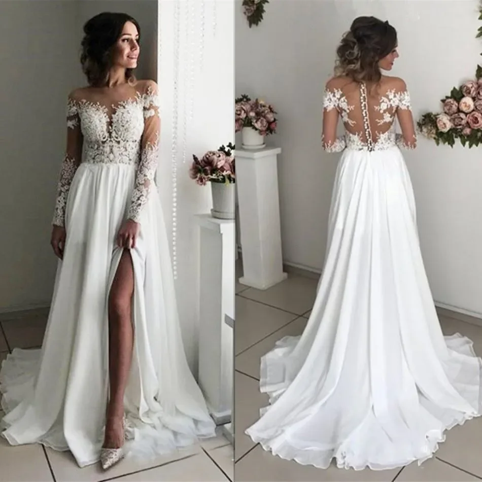 

Elegant Lace Split Wedding Dresses Sweetheart Long Sleeves A-Line Chiffon Applique Simple Boho Long Vestido De Noiva Bridal Gown