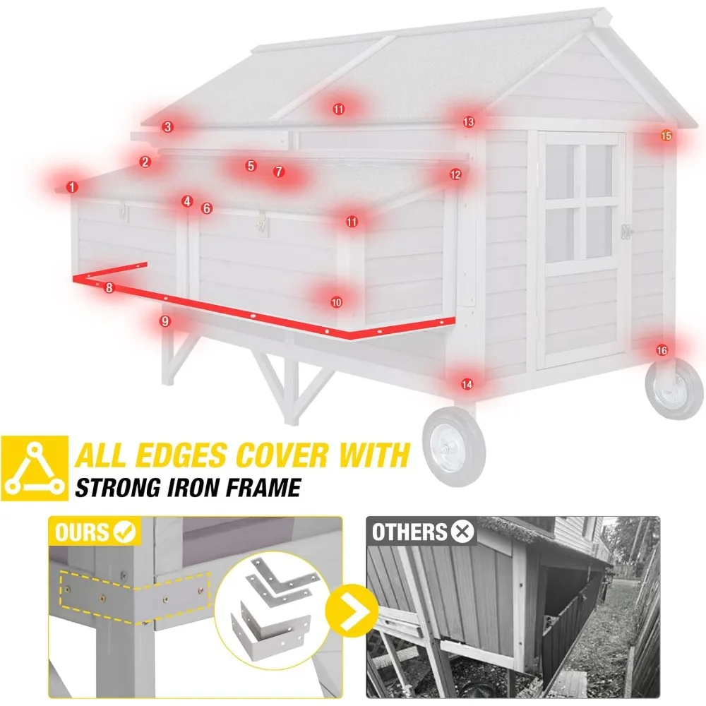 

Chicken Coop Mobile Wooden Hen House with Nesting Box, Large Poultry Cage Upgrade with Strong Iron Frame