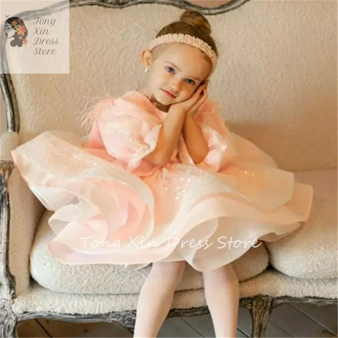 Half-sleeved Hard Yarn Fluffy Bow Belt Flower Girl Dress Princess Ball First Communion Dresses Kids Surprise Birthday Present