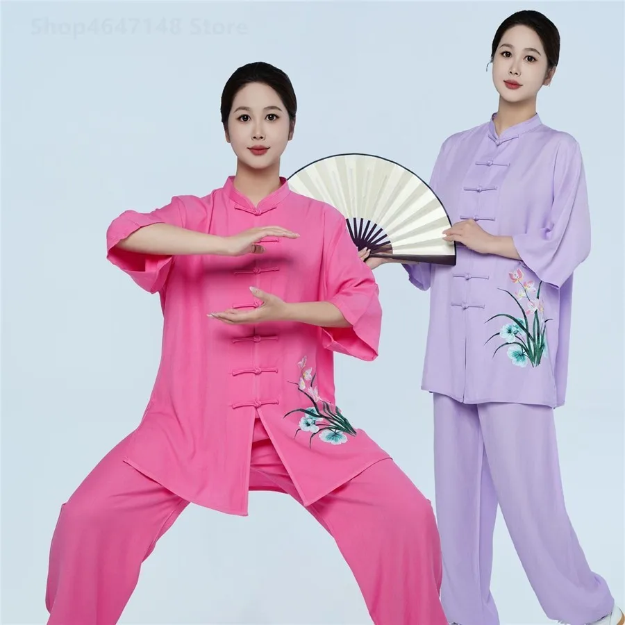 2026 chinese tai chi wushu uniform kungfu training exercise retro flower print cotton linen martial arts wushu outdoor walking
