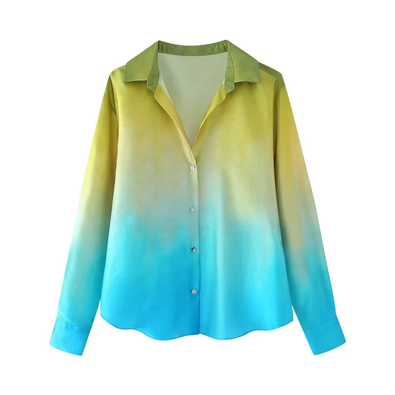 

Женская атласная рубашка с длинным рукавом и воротником с лацканами