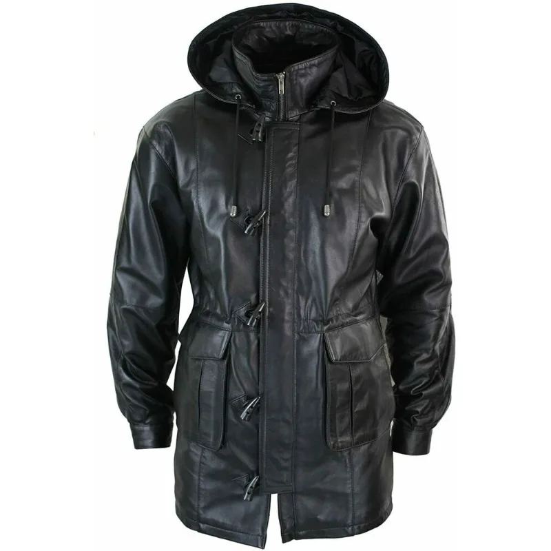 

Men's Hooded Long Leather Jacket Genuine Sheepskin Black Duffle Trench Overcoat