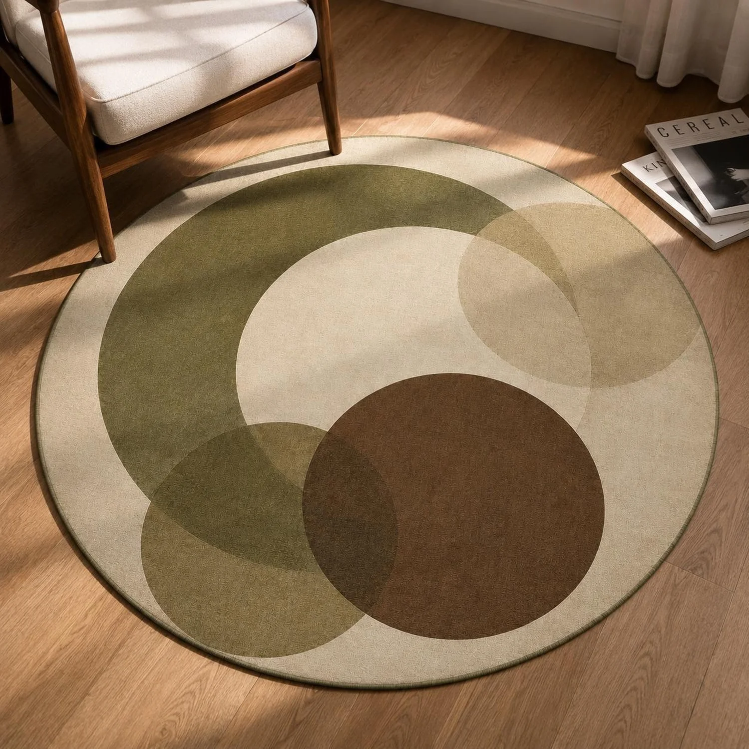 Abstract Circular Carpet, Olive Green Round Carpet, Medieval Style Room Decoration