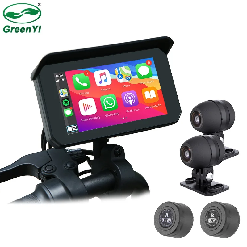 GreenYi-Motocicleta Carplay DVR traço Cam, Camera Display impermeável, Navegação GPS portátil, sem fio Android Auto, 5 ", 1080p