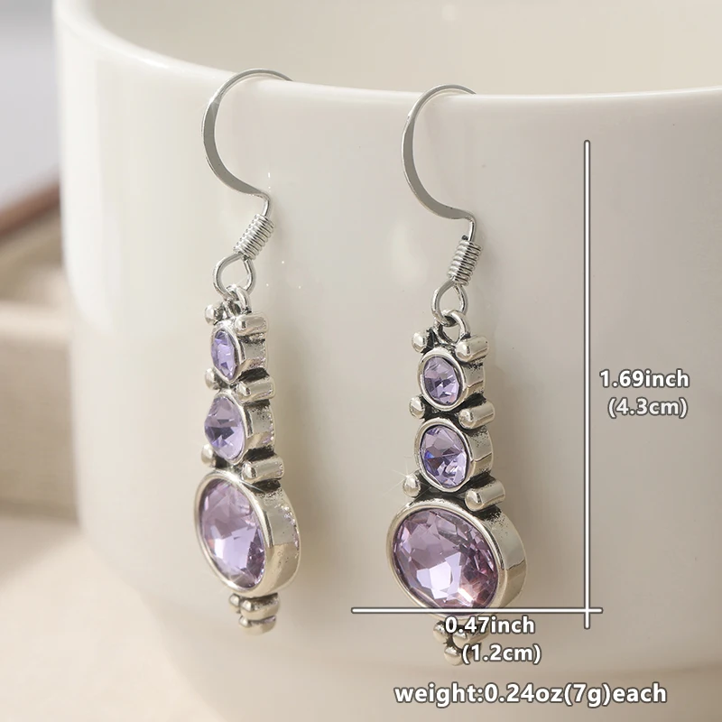 Ethnische silberfarbene lila CZ-Ohrhänger für Damen, geometrisch, für Party und Alltag – Detail 1