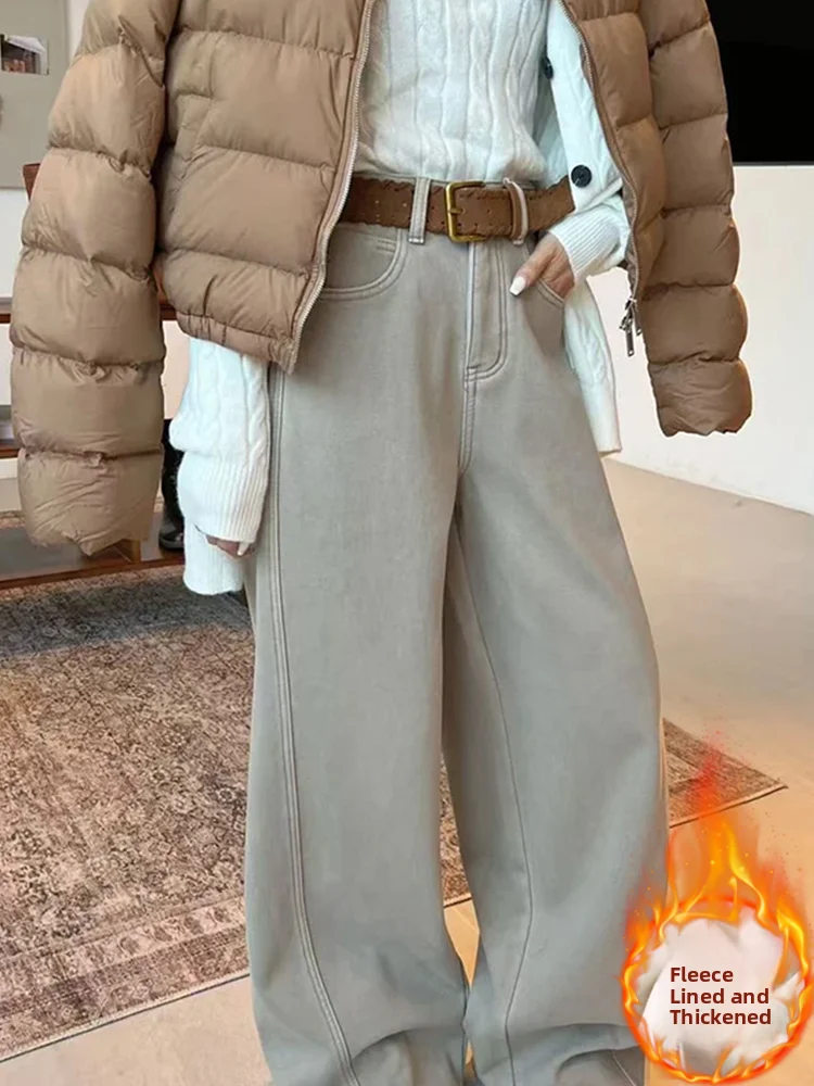 

Khaki Fleece Lined Straight Leg Jeans Women's High Waist Warm Trousers Autumn Winter plus Size Hiding Hip Long Pants