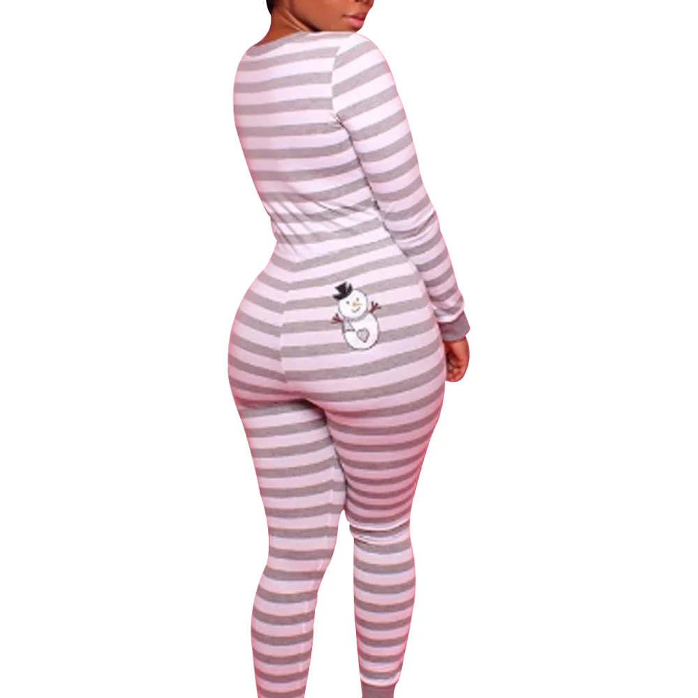 Macacão estampado de manga comprida com decote em V para mulheres, bodysuit sexy, pijama lounge, roupa para senhoras