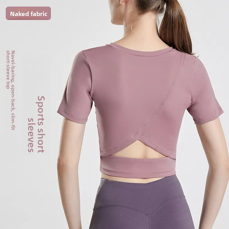 2026 New Backless Crop Yoga Top Women High Elastic Slim Fit Breathable Short Sleeve Gym Sports Fitness Casual T‑Shirt