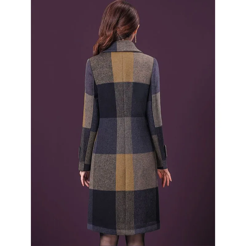 High Quality Women Woolen Coat Autumn Winter 2024 New Retro Plaid Elegant Mid-Length Slim Wool Outerwear Female Overcoat 5XL
