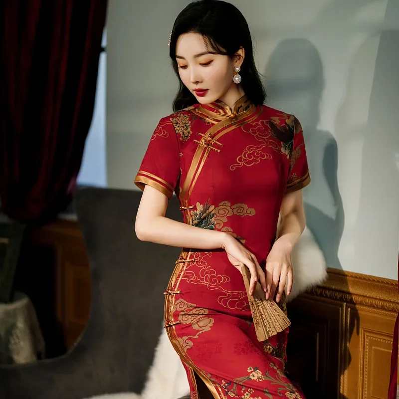 Elegant Women Print Flower Wedding Dress Oriental Bride Satin Mandarin Collar Evening Qipao Oversize 6XL Long Sleeve Cheongsam