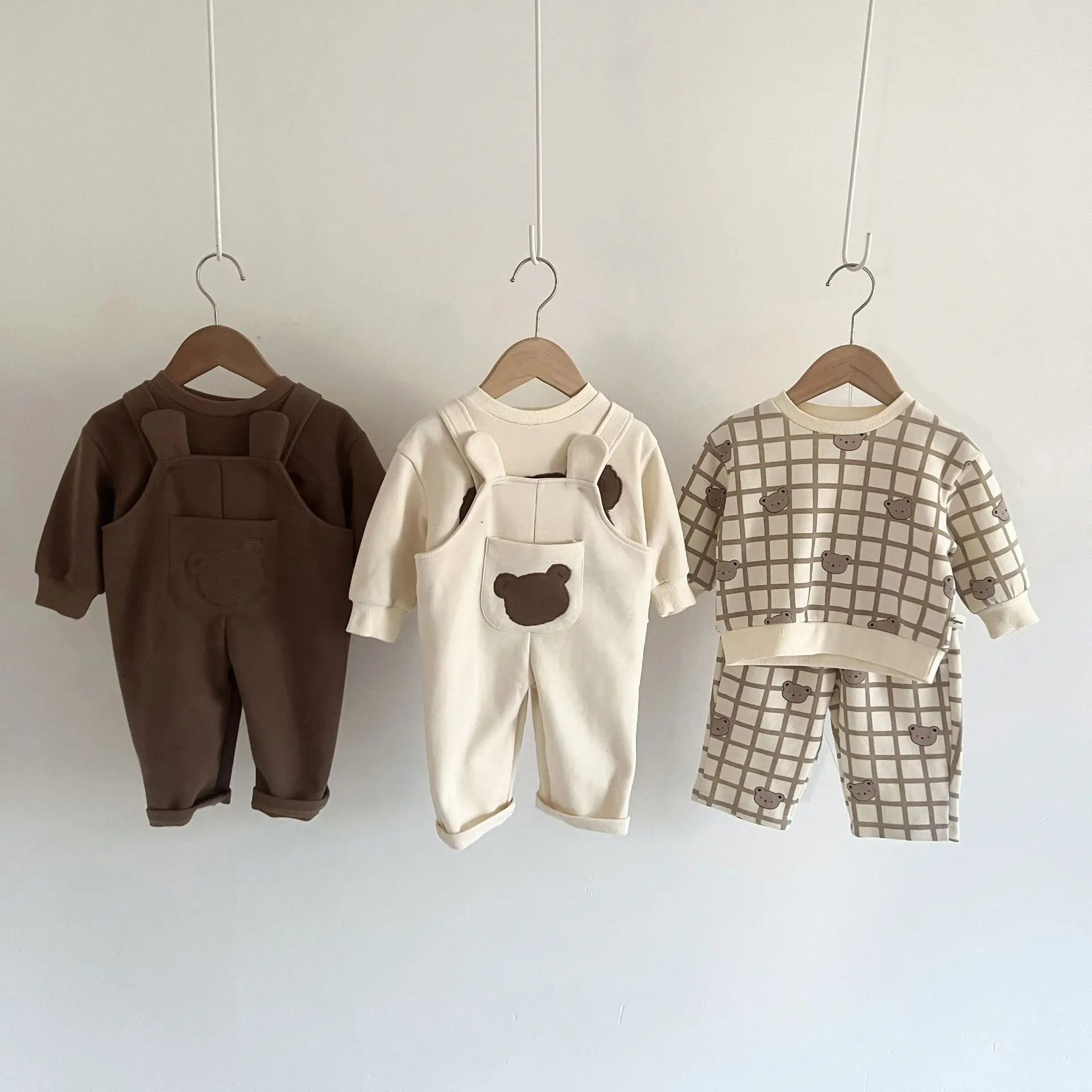 2025 New Baby Cute Bear Print Clothes Set Cotton Toddler Cartoon Sweatshirt Cotton Infant Boy Overalls Casual Suit Girl Outfits