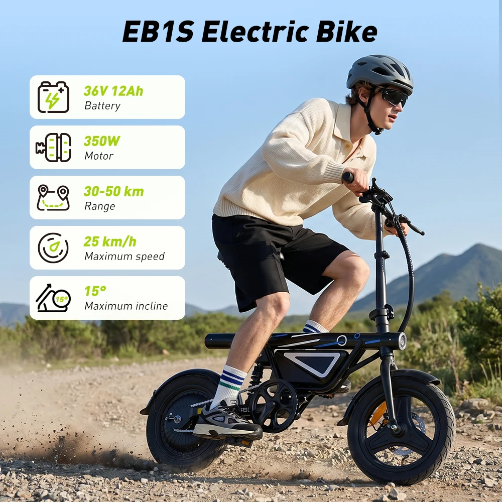 IScooter EB1S Elektrofahrrad mit 250W, 36V 12Ah Akku, Drei-Gang-Schaltung, Höchstgeschwindigkeit von 35 km/h, 14-Zoll Luftreifen und App-Steuerung