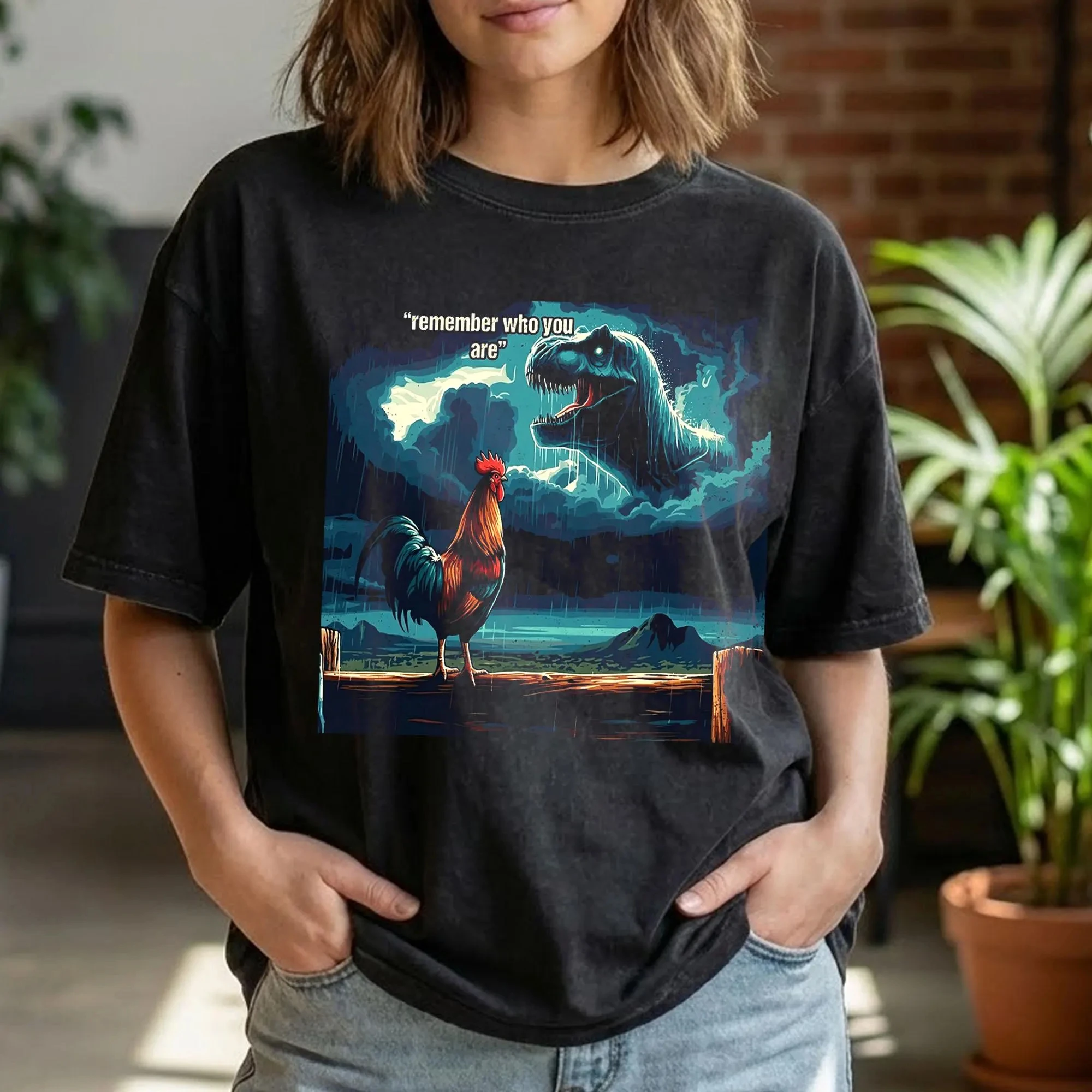 Camiseta divertida con broma sobre la evolución, camiseta con meme de dinosaurio pollo, camiseta con gráfico de recuerda quién eres