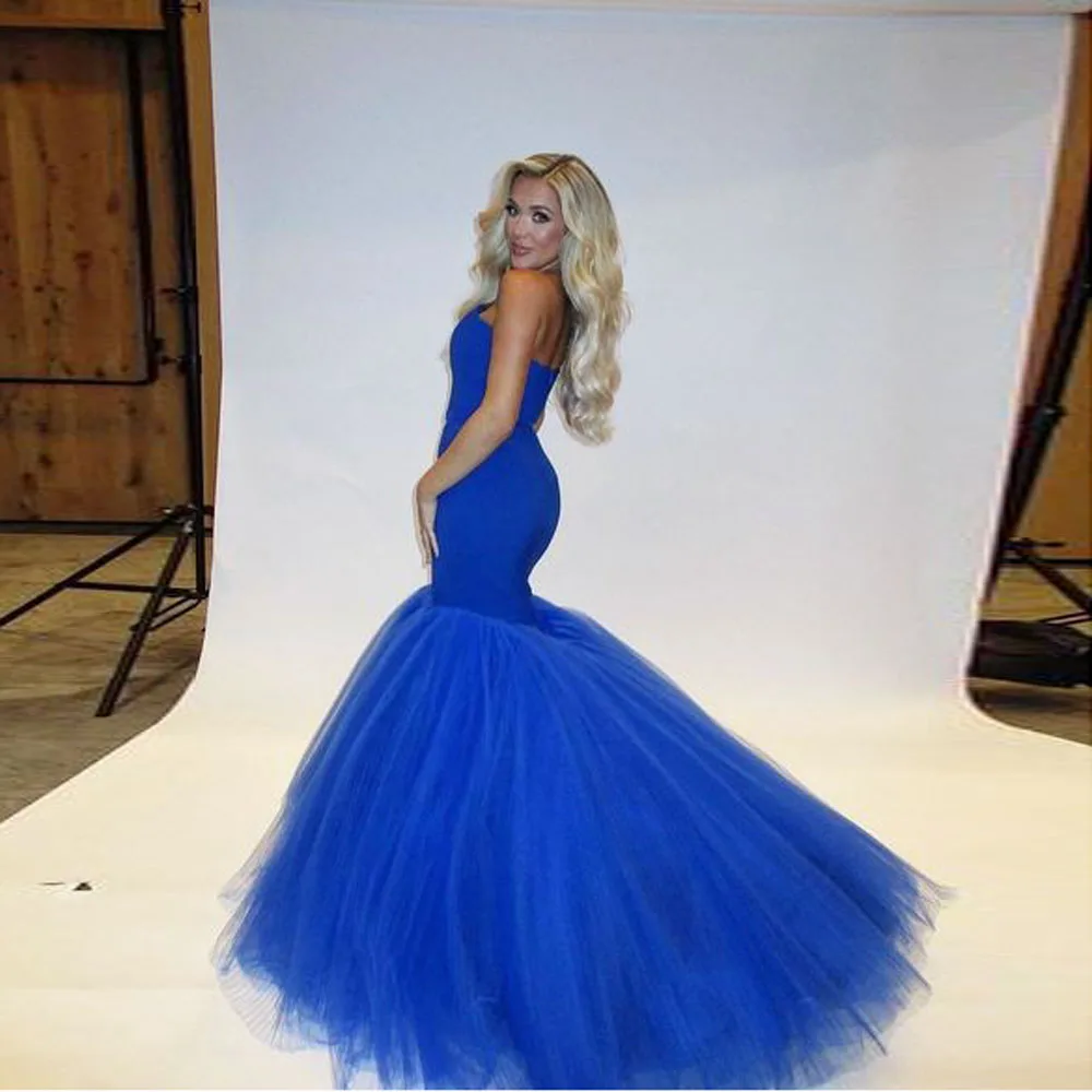 Amazing Royal Blue Mermaid Long Evening Dresses With Big Volume Tulle Bottom Strapless Stretchy Formal Party Dress Maxi Gowns