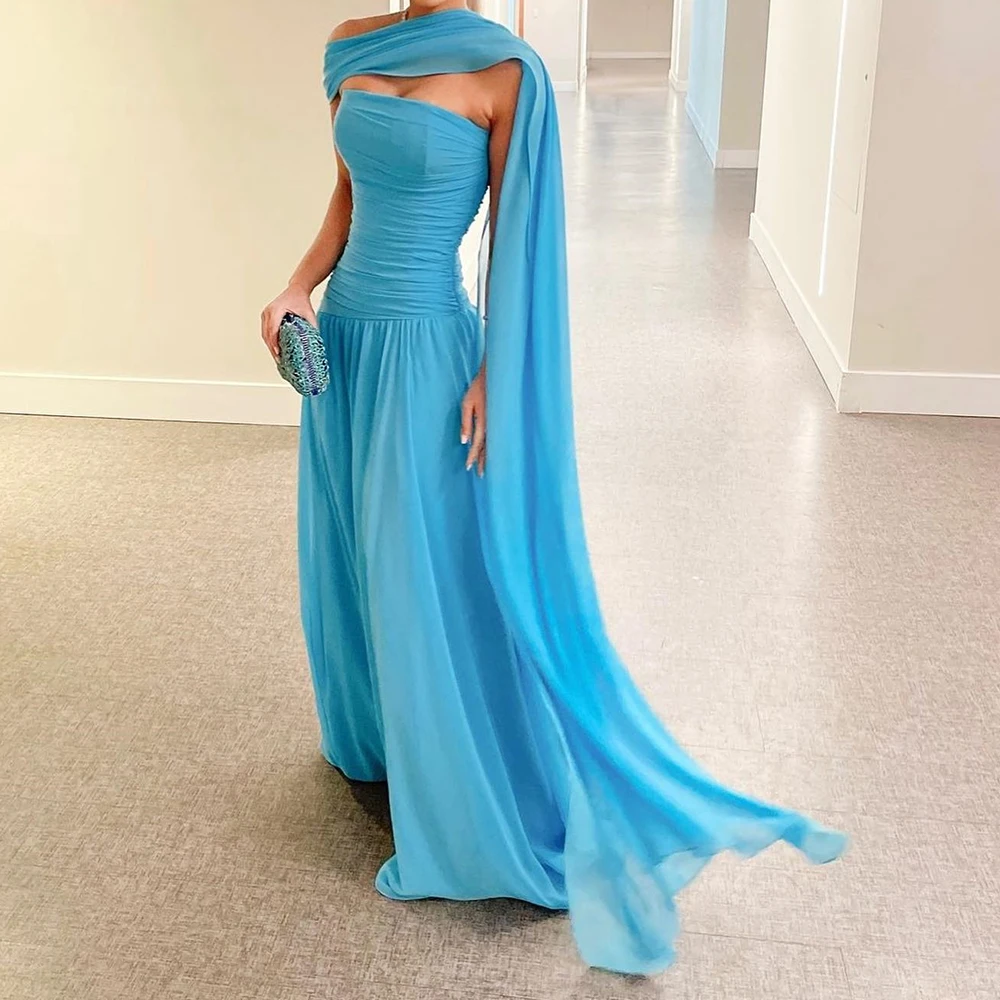 

Fashion Chiffon Strapless Straight One Shoulder Evening Dress Floor Length Sleeveless Watteau Train فساتين سهره نسائيه فخمة