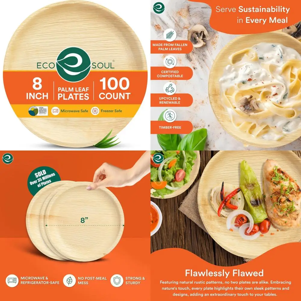 

Biodegradable 8 Inch Round Palm Leaf Plates - 100 Pack, Eco-Friendly, Microwave and Oven Safe, Compostable Alternative to Bamboo