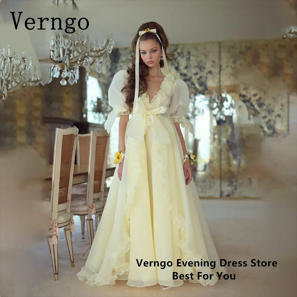 

Verngo Blush Yellow Organza Party Dress Girl V Neck Short Puff Sleeves Birthday Dress A Line Princess Prom Gowns