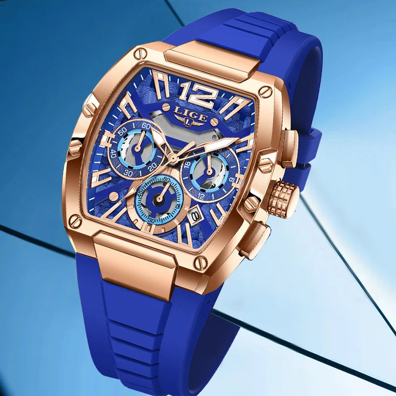 

LIGE новые мужские часы лучший бренд класса люкс синие силиконовые часы с большим циферблатом мужские светящиеся водонепроницаемые квадратные хронографы Relogios Masculino