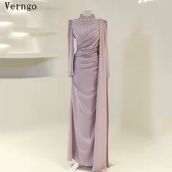 Verngo Purple Crepe Evening Dress Crystal High Neck Full Sleeves A Line Pleat Prom Gown Elegant Prom Party Dress Customized
