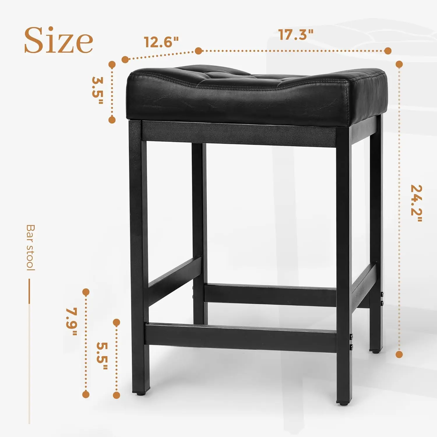 Bar Stools Set of 2, 24 inch Height Counter Stools with Thick Saddle Cushion, Modern PU Leather Bar Stool with Metal Frame