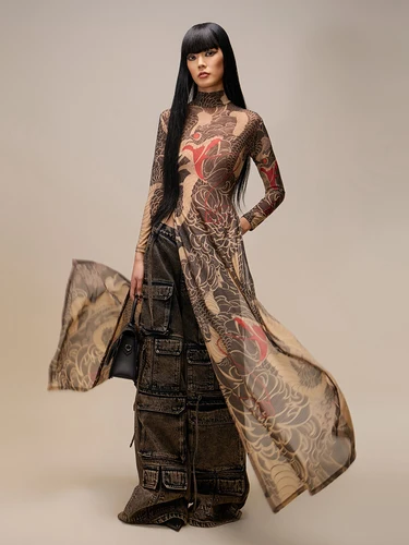 Imagen 1 del producto Nibber-Blusa transparente con estampado de serpiente para mujer, cuello medio alto, mangas largas, aberturas altas, alta elasticidad, Tops largos ajustados de tendencia urbana