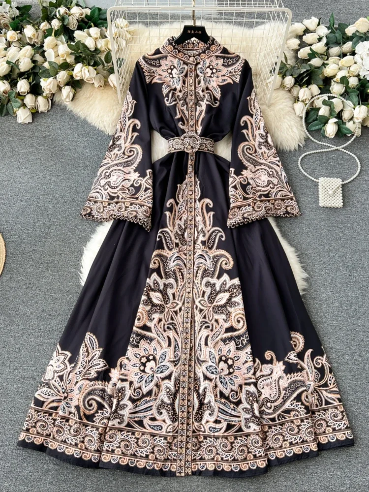 Retro Court Style Printed Dress Women Autumn Winter Flared Sleeve Vintage Long Dresses Ladies Slim Autumn Winter Long Robe