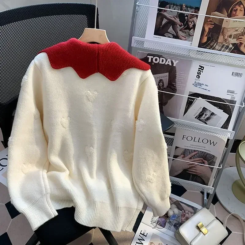 Korejpaa Red White Contrasting Peter Pan Collar Cardigans Women Korean Fashion Knitwear Sweet Sweater Coat Chic Heart Button Top