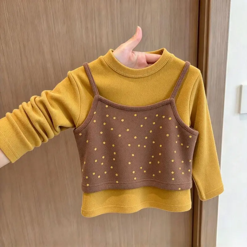 Children's fashionable sweet T-shirt autumn and winter new Korean girls' polka dot printed base shirt fake two pieces