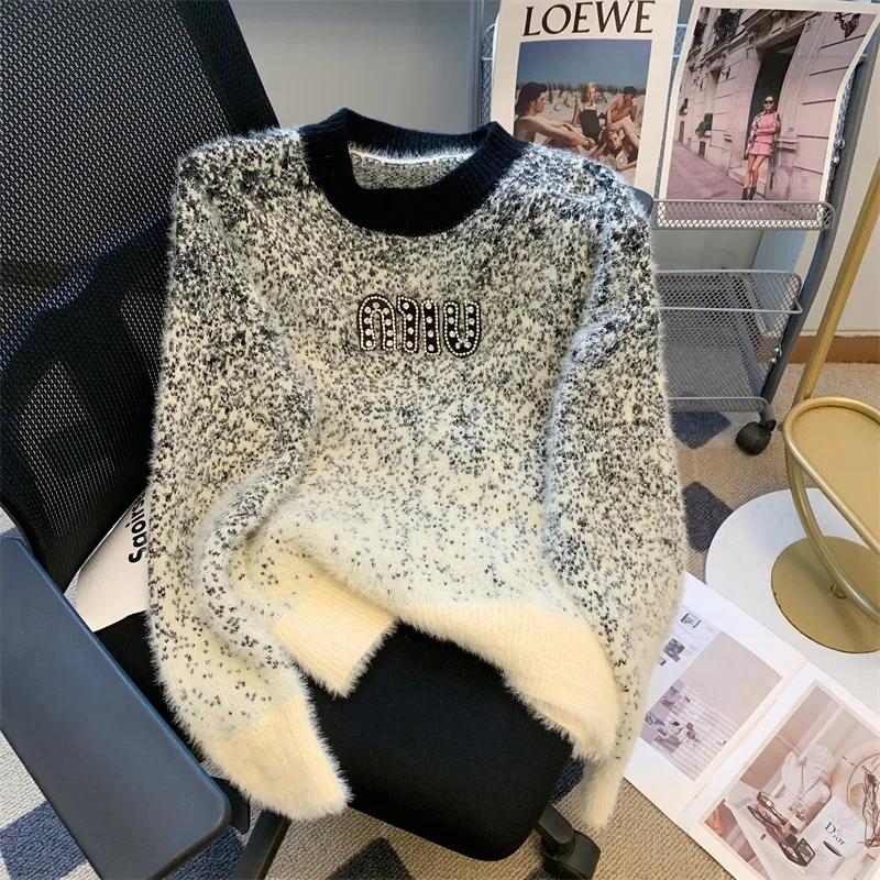 Letter Diamonds Knitted Sweater Women Loose Casual Long Sleeve Korean Fashion New In Clothes Traf Tops Pulls Femme Autumn Winter