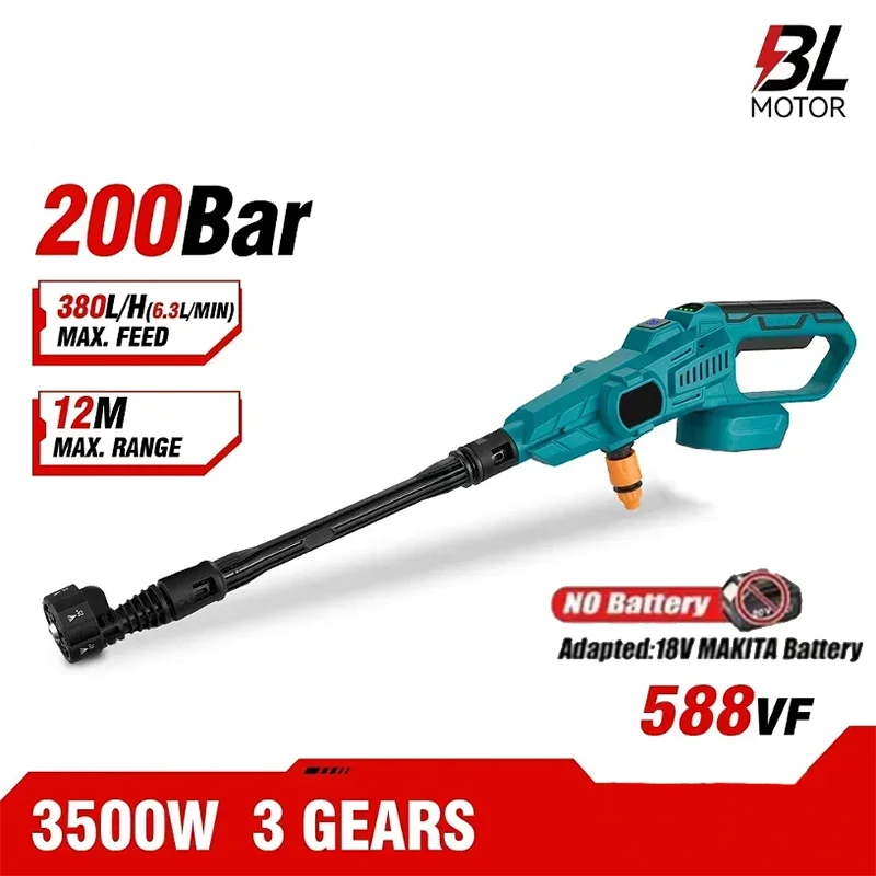 ปืนฉีดน้ำ200Bar 3500W 3เกียร์แบบไร้แปรงถ่านเครื่องซักผ้าแรงดันสูงไร้สายปืนล้างรถปืนฉีดน้ำสำหรับแบตเตอรี่ Makita 18V