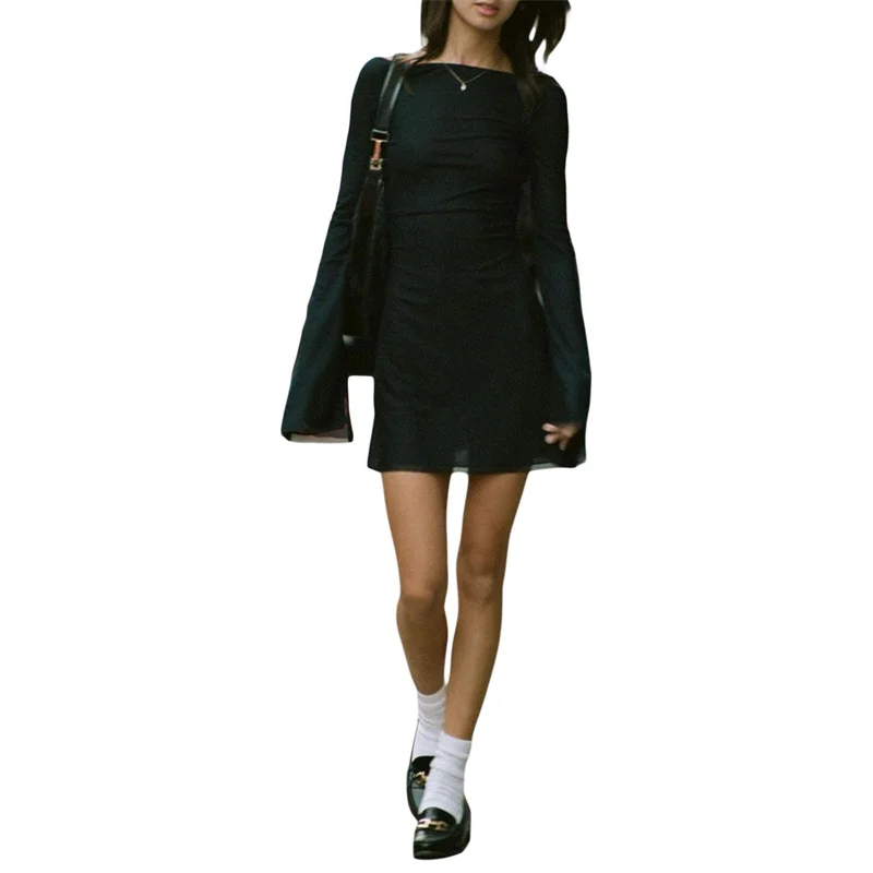 Xingqing y2k Abito corto anni 2000 Estetico Donna Tinta unita Sheer See Through Girocollo Manica lunga Abito aderente Abiti da festa