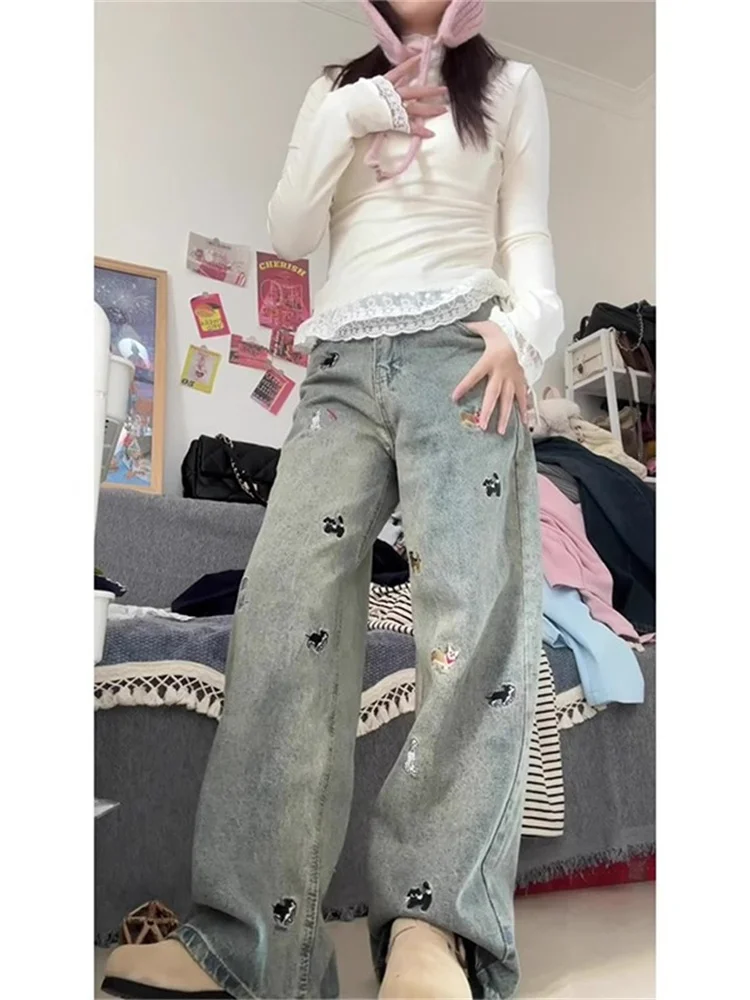 Large Size American Retro Dog Embroidery Waed Denim Pants Women's Autumn New High Waist Straight Leg Loose Floor-Length Jeans