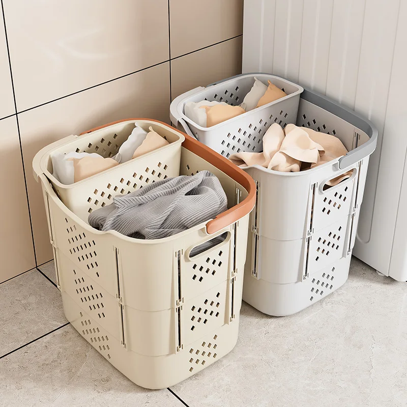 

Collapsible Plastic Laundry Basket with Handles and Side Containers - Space-Saving Laundry Basket for Laundry Rooms, Bathrooms,