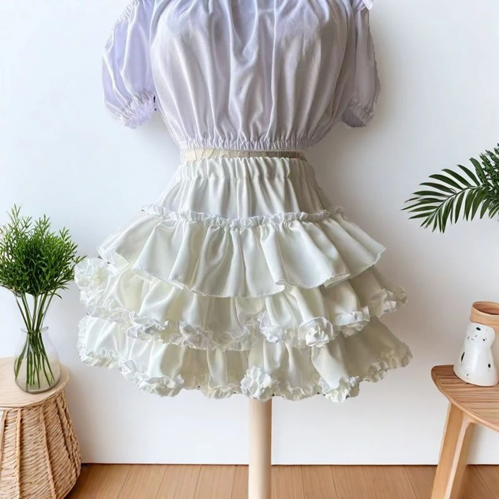 Kawaii Ball Gown Short Skirt Pleated Ruffles Layered High Waist Solid Mini Cake Skirts Lolita Girl Sweet Cute Elastic Waist Y2K