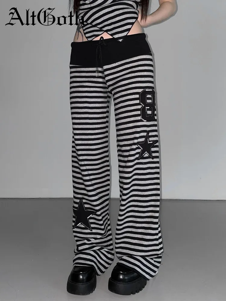 AltGoth Streetwear Vintage Y2k Pants Dark Academia Gothic Cyber Punk Printed Striped Trousers Harajuku Grunge Loose Casual Pants