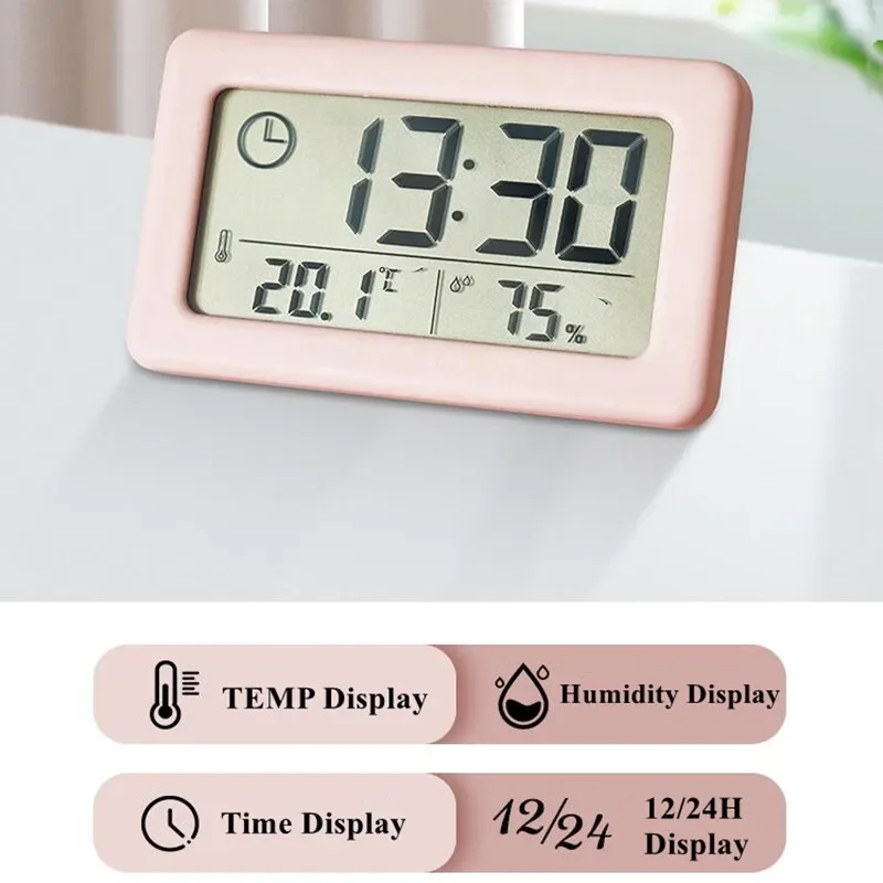 Mini reloj Digital de temperatura y humedad, reloj de mesa portátil, termómetro, higrómetro, 12/24H, funciona con batería, LED