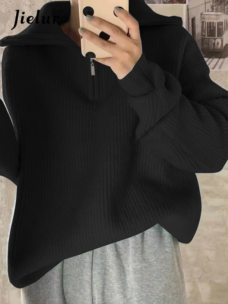 

Jielur Women Sweater Oversize Zipper Knitted Pullover Long Sleeve Solid Color Loose Ladies Sweaters Autumn Winter Turtleneck