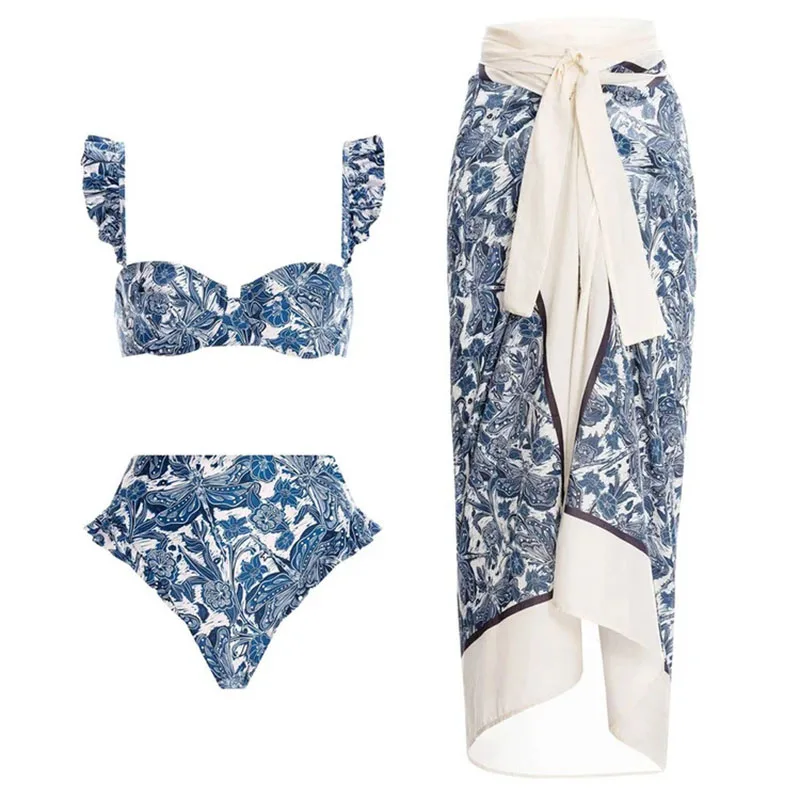 One-piece Women Swimwears Swimsuit Set Beach Dress Style Asymmetric Ruffle Bikini with Artistic Blue Dragonfly Pattern
