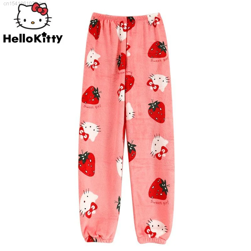 

Sanrio Hello Kitty Flannel Coral Pajama Pjs Pants Women Winter Sleepwear Long Pants Plush Warm Sweet Fluffy Home Pyjama Trousers