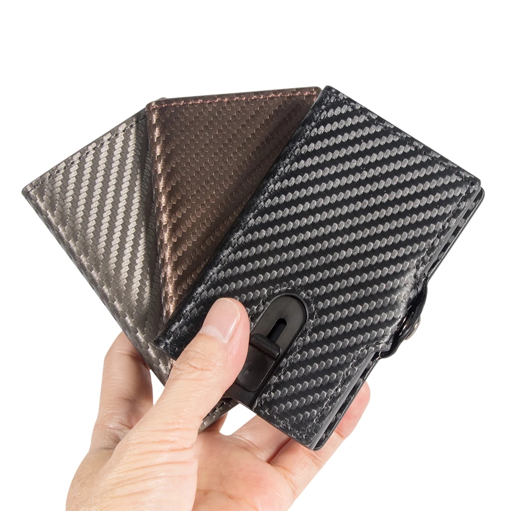 Men Business Rfid Wallet Slim Carbon Fiber Wallet Metal ID Credit Card Case Money Bag with Zipper Pocket