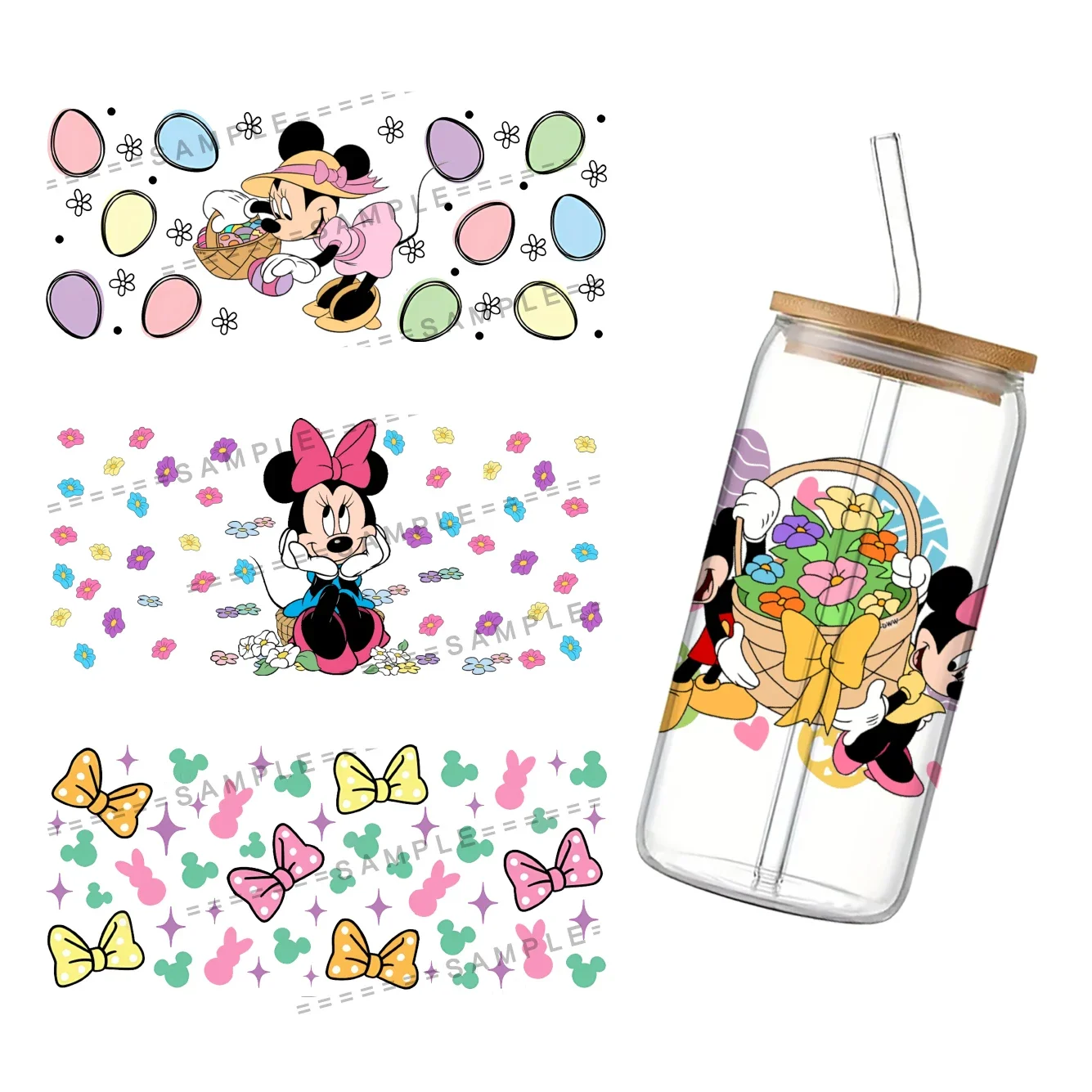 Easter Disney Mickey 3D Waterproof UV DTF Cup Wrap for 16Oz Libbey Glass Can DIY Transfer Sticker