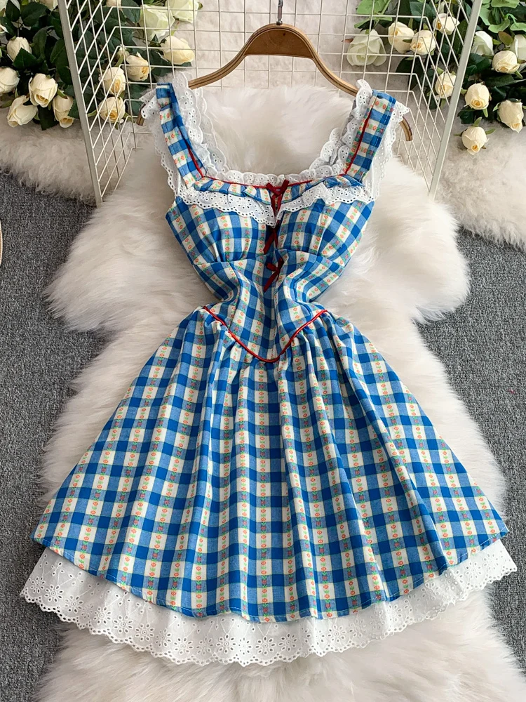 Falda Midi de cintura alta adelgazante Dr con cuello cuadrado y retazos de encaje a cuadros azul dulce para mujer, falda coreana Sle Commute Dr