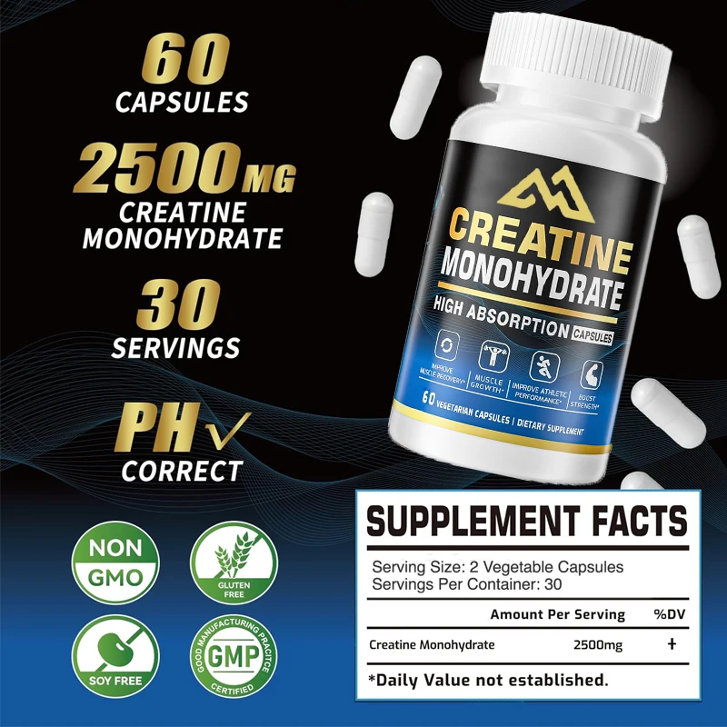 

Creatine Monohydrate Capsules - Micronized Creatine Monohydrate 2 capsules per serving, 2500 milligrams,gluten free, 60 capsules