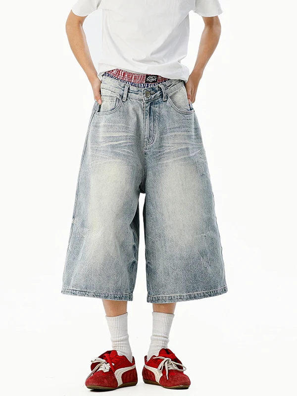 

American Retro Blue Waed Denim orts Men High Waist Loose Wide Leg over Knee Seven Parts Summer Jeans Youth Trendy Straigh...