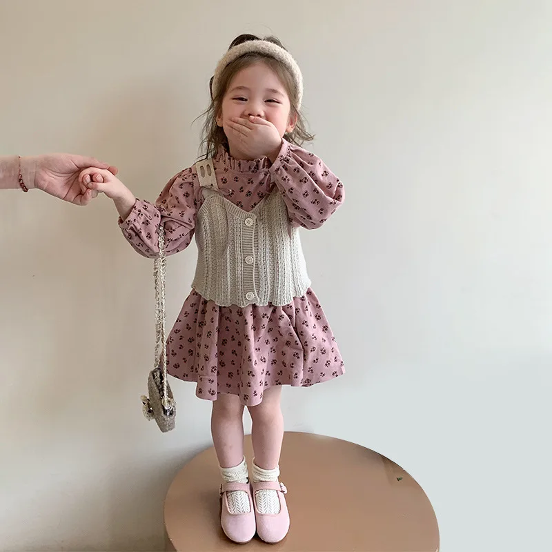 

Girls Flower Long Dress Set 2025 Spring Autumn New Girls Ruffles Long Sleeve Dress Sweet Vest Two Piece Set Children Clothing