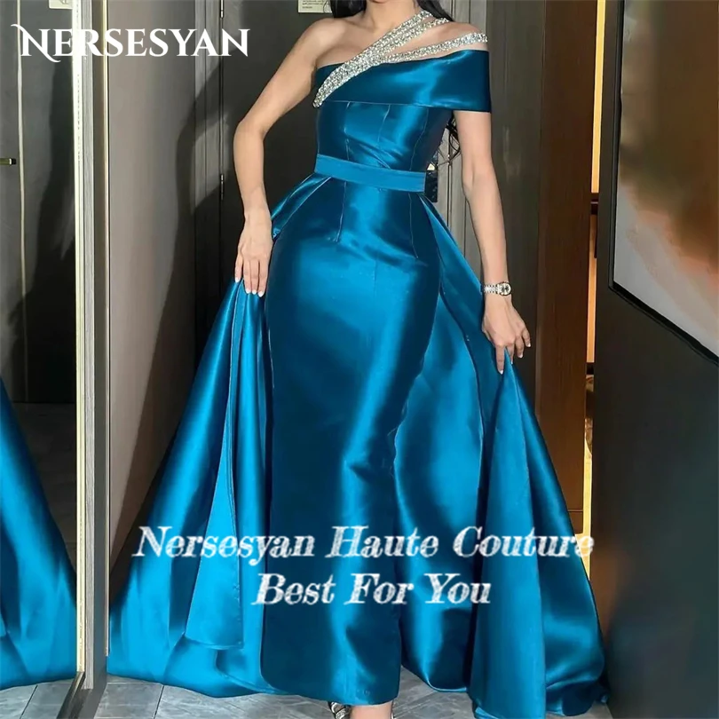 Nersesyan Fashion Blue Satin Mermaid Evening Gowns Shiny One Shoulder Party Dresses Floor-Length Special Occasion Dress 2023