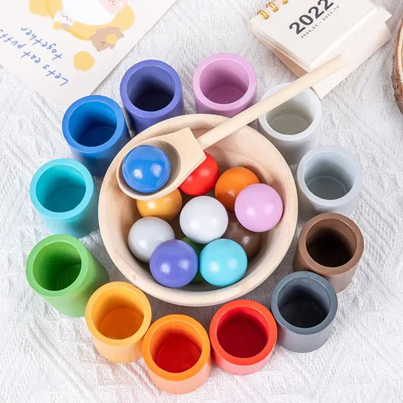 

Baby Montessori Wooden Toy Rainbow Ball And Cups Color Sorting Games Fine Motor Early Education Learning Toys Gifts For Children