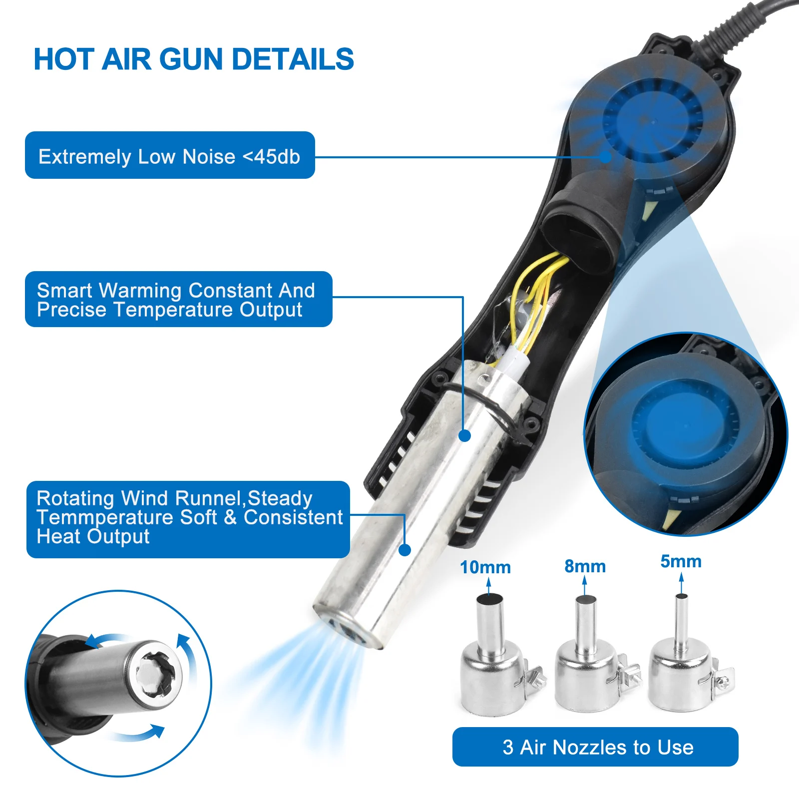 NEWACALOX 858D Digital Hot Air SMD Soldering Rework Station with Quick-Change Nozzle System 100-500℃ Adjustable Temperature